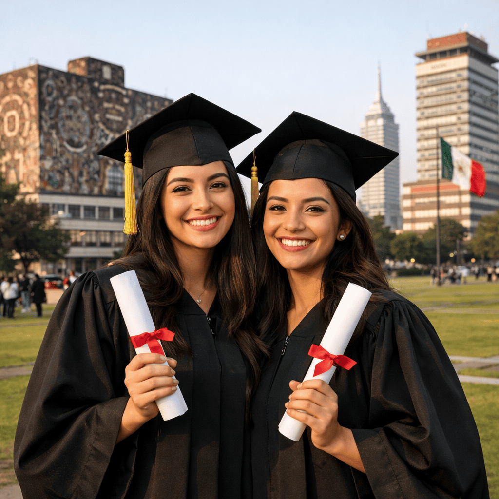 graduadas universitarias en Ciudad de México con toga y diploma frente a universidad UNAM